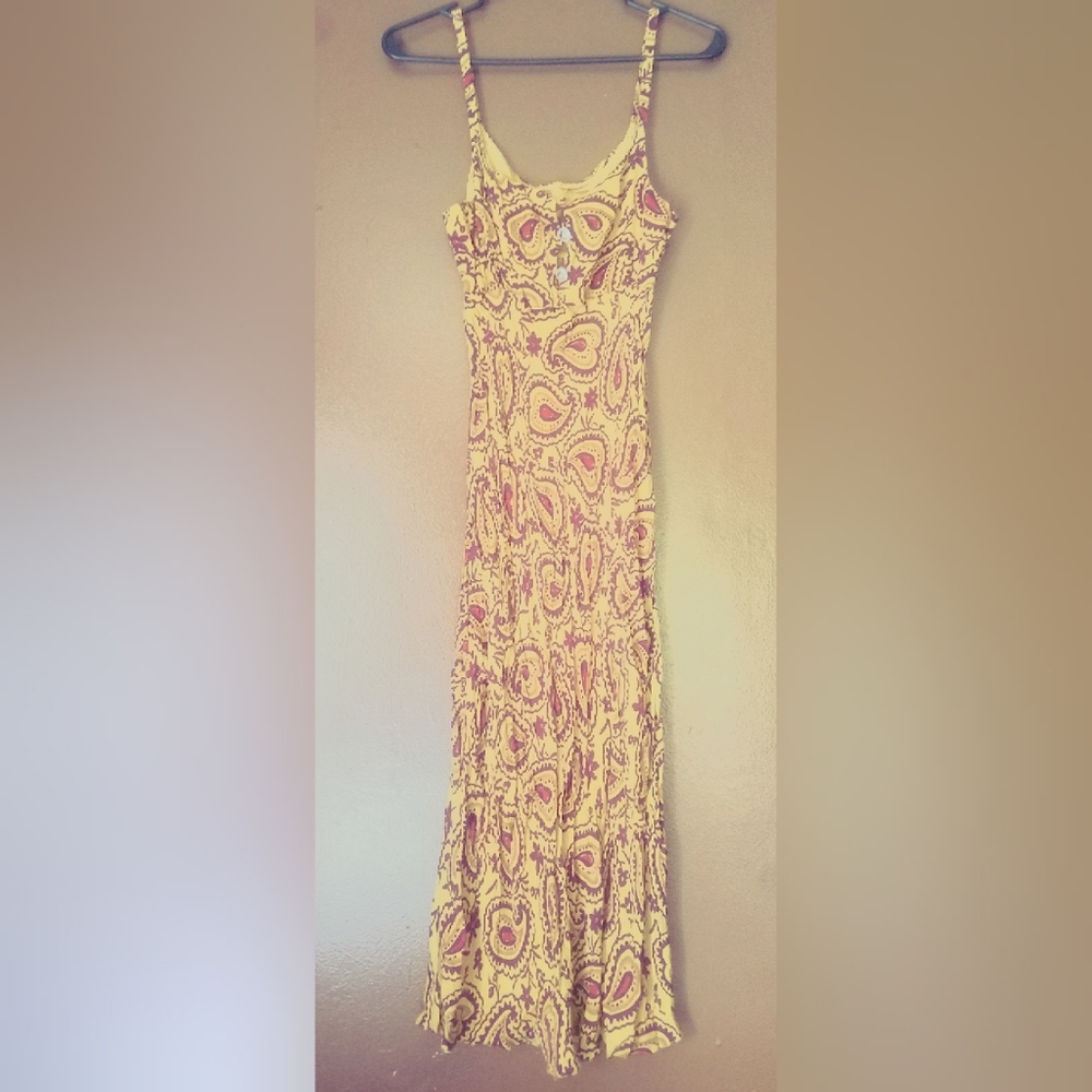 Mustard Pasley Dress with Rhinestone Buttons